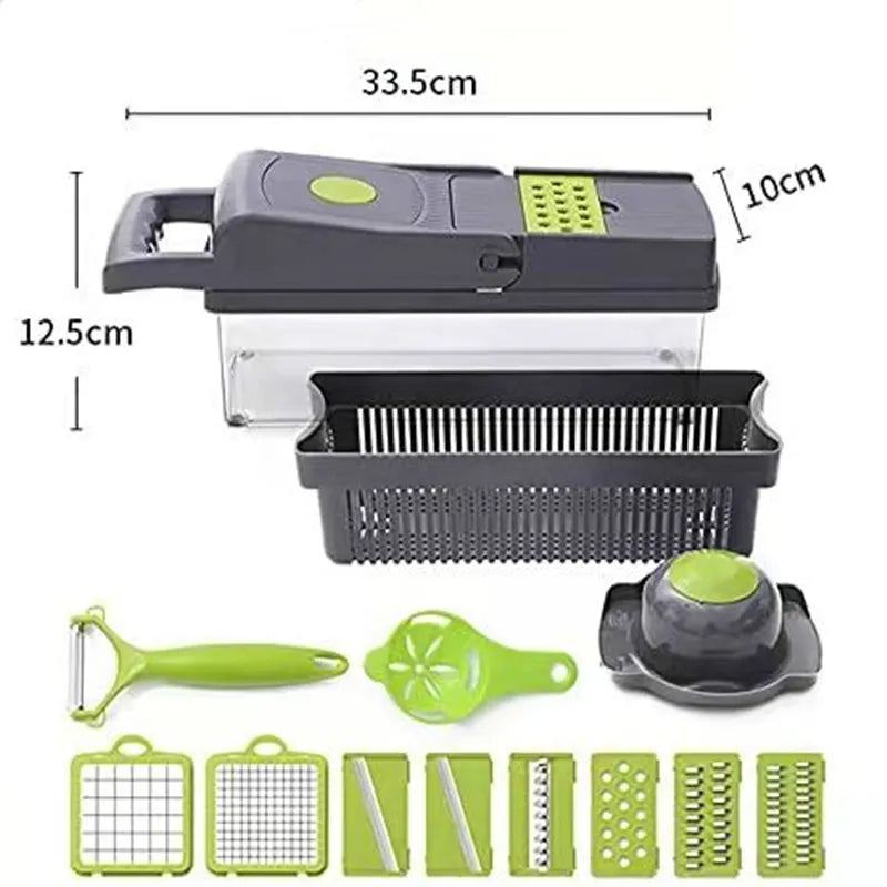 16-In-1 Multifunctional Vegetable Chopper & Slicer with Colander Basket and Storage Container – Heavy-Duty Food Cutter